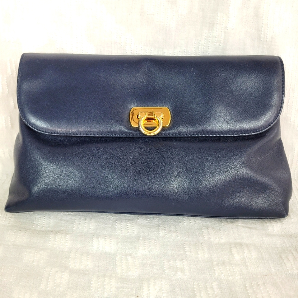 Bechamel Navy Blue Leather Crossbody Clutch with Gold Hardware